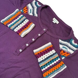 Sundance‎ Crochet Accent Top Boho Hippie Long Sleeve Button Up Henley Purple PL